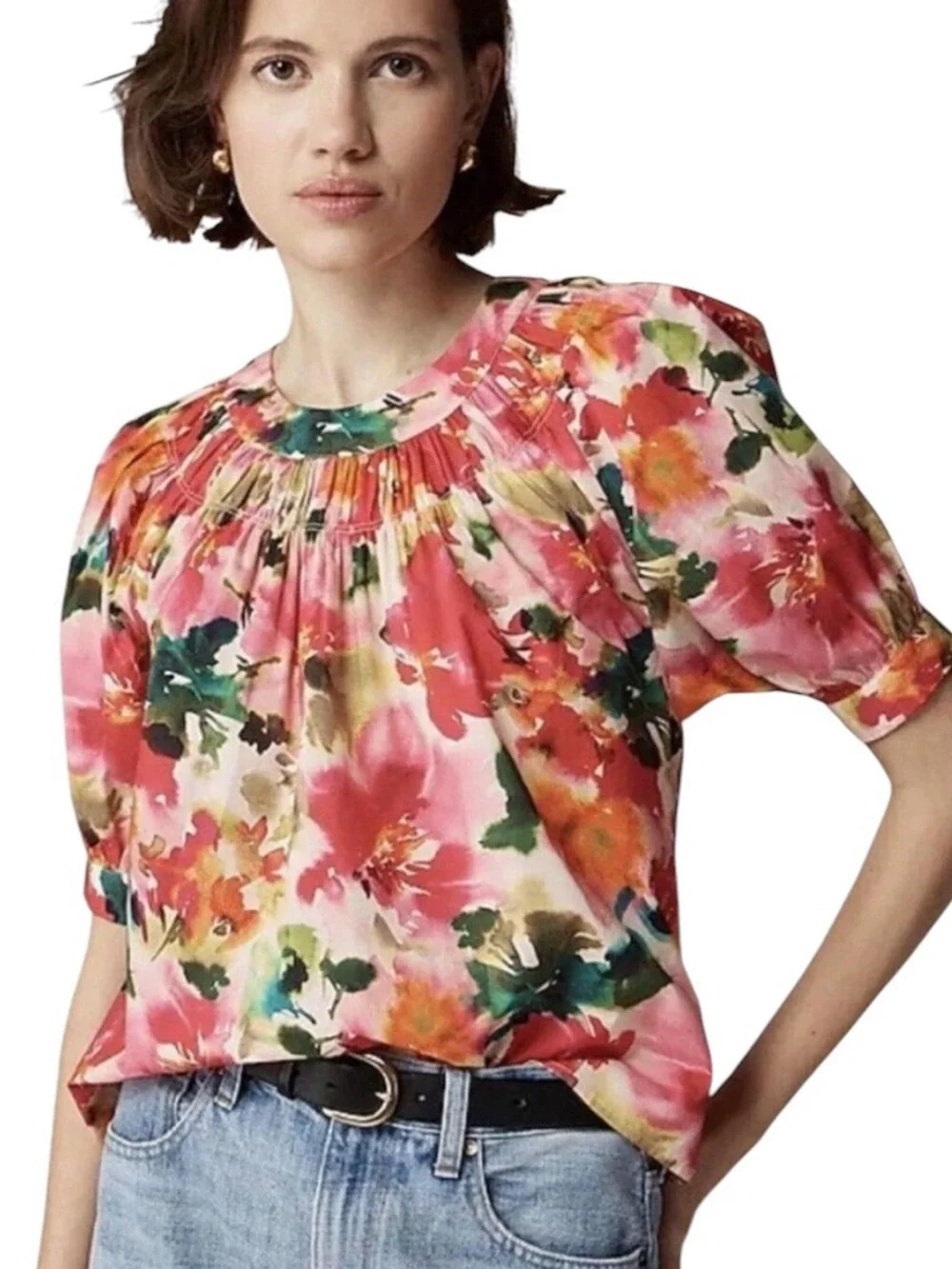 LN J. Crew Smock Neck Puff Sleeve Top in Floral Cotton Poplin - S